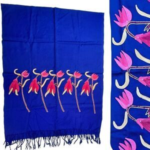 Ana Lee Women's One Size Royal Blue Floral Wool Embroidery Shawl With Tassel